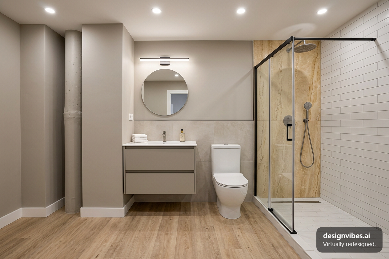 Spa-like bathroom with walk-in shower and warm wood floors